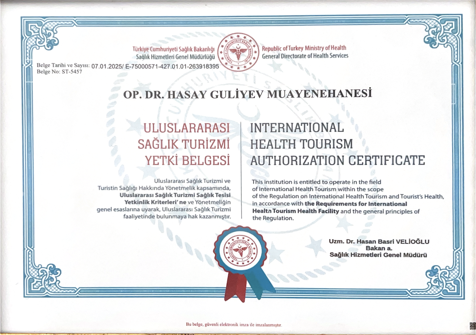 T.C. Sağlık Bakanlığı Uluslararası Sağlık Turizmi Yetki Belgesi - Op. Dr. Hasay Guliyev